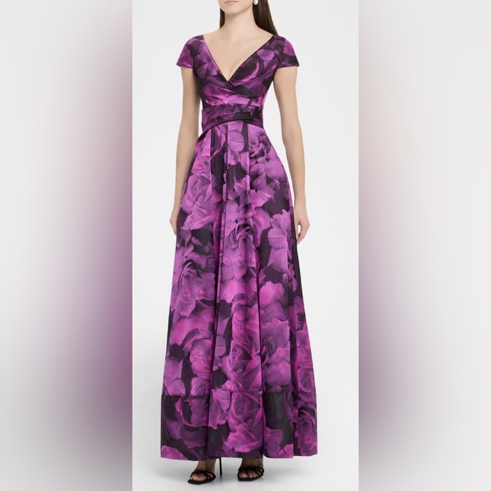 Long Draped Rose Jacquard Dress By Neiman Marcus